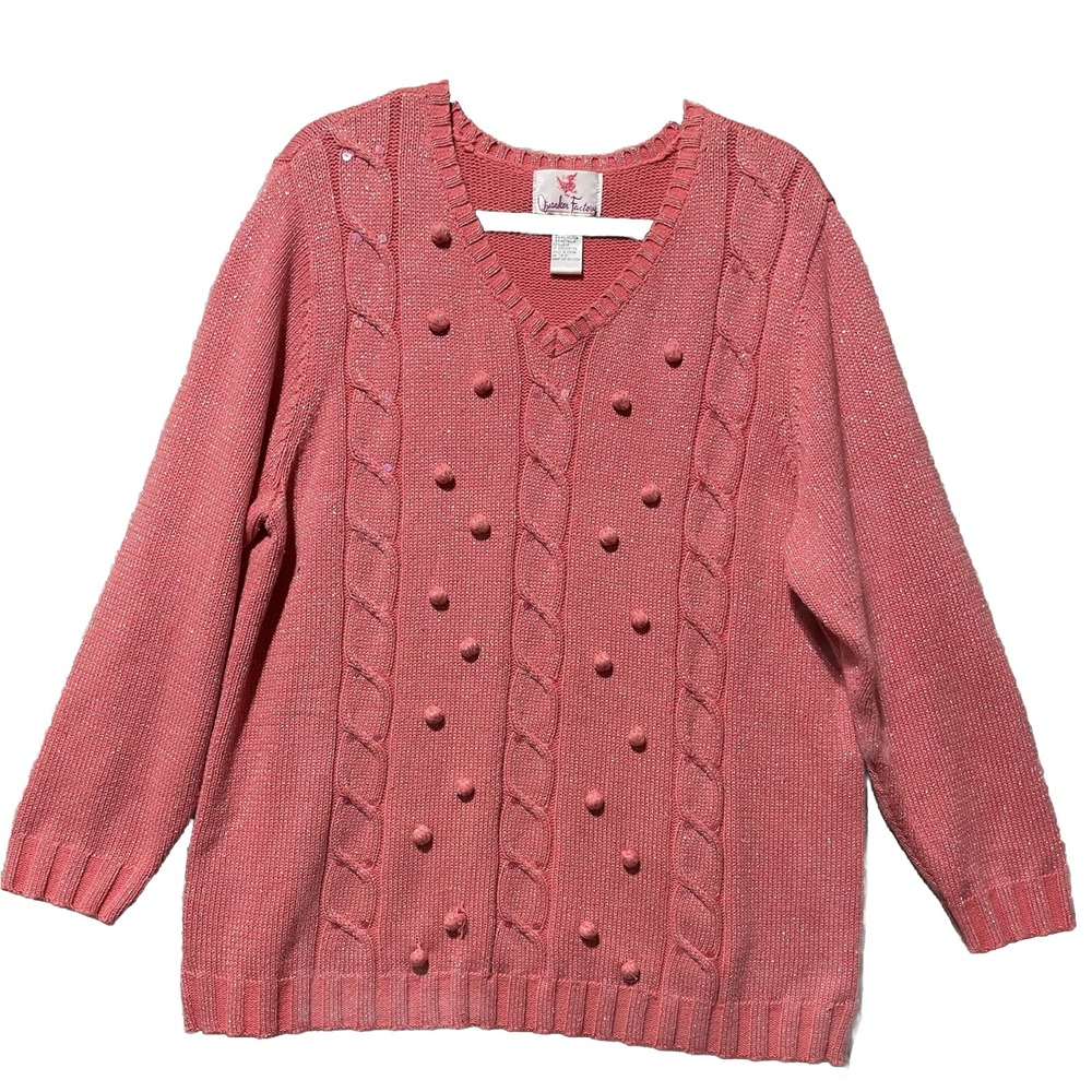 Quacker Factory Sweater Women's 1X Pink Coral Silver Metallic‎ Poms Festive Fun